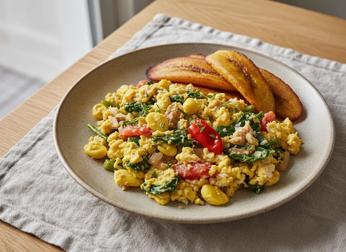 Ackee & Saltfish Scramble with Callaloo and Fried Plantain