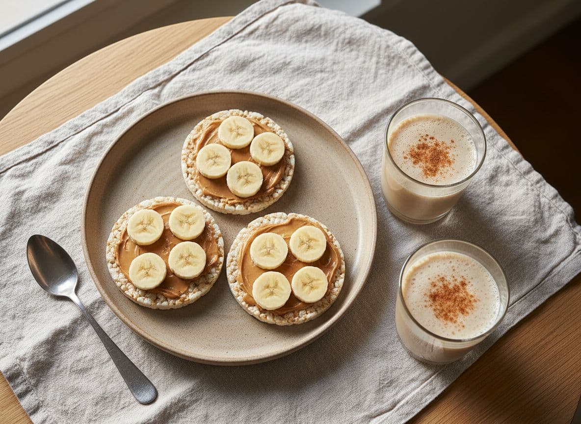 Almond Butter Rice Cakes with a Soy Protein Shake