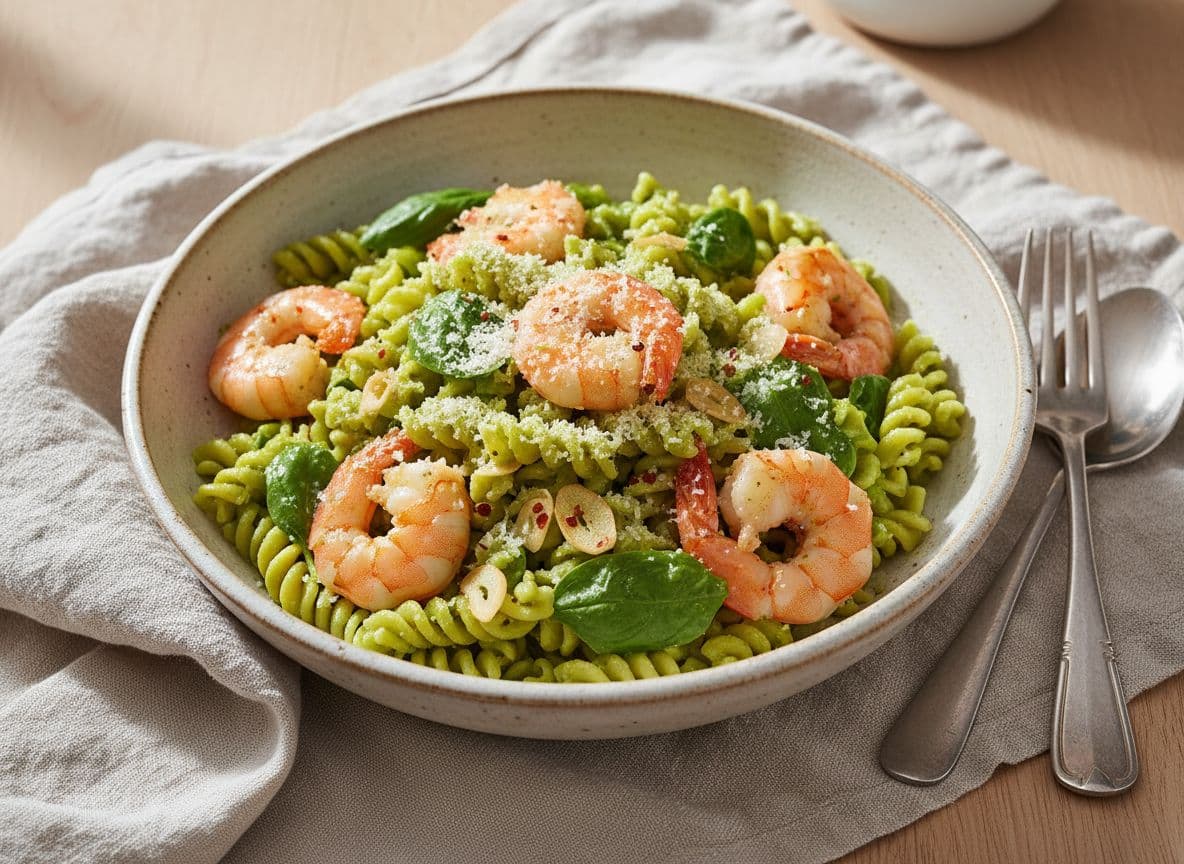 Avocado and Basil Pesto Pasta with Prawns