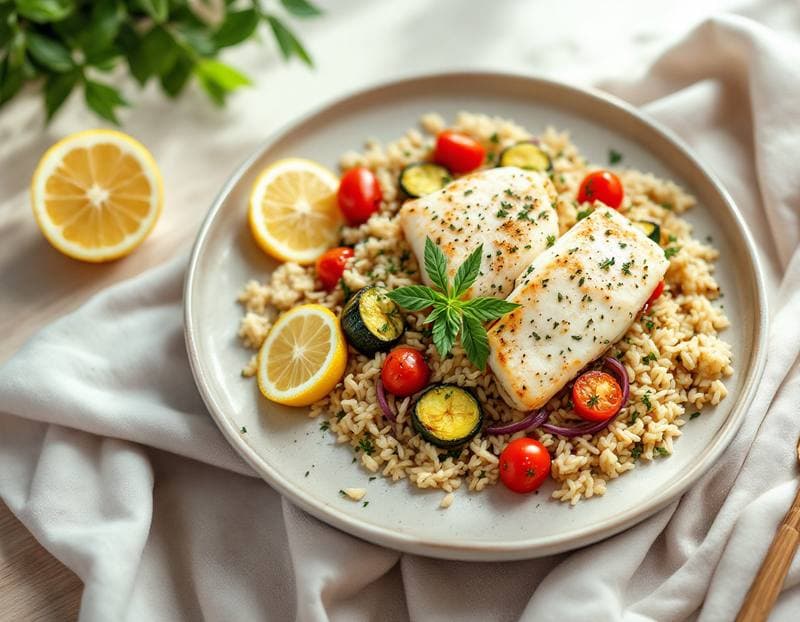 Baked lemon fish with herby rice