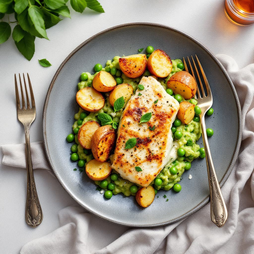 Barramundi with Smashed Peas, Lemon and Crisp Potatoes