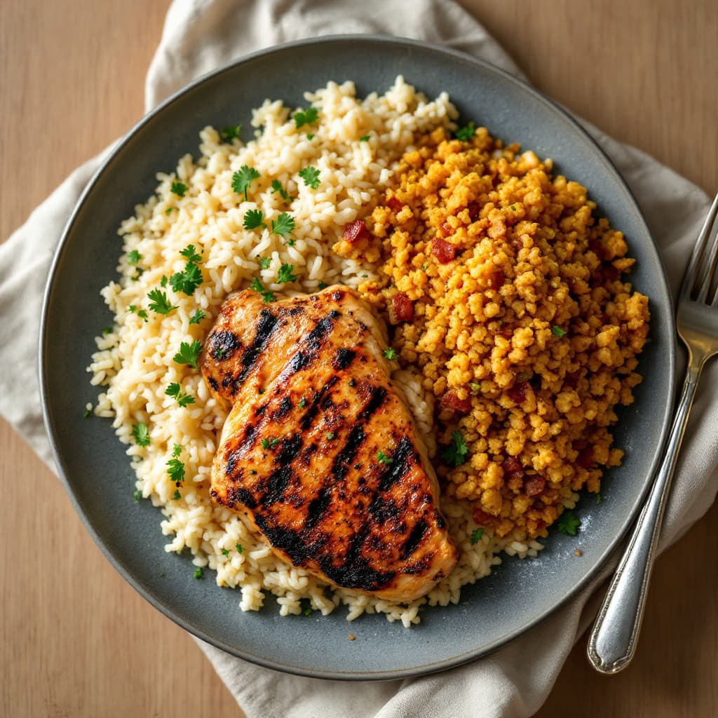 Brazilian garlic-lime grilled chicken with buttery rice and farofa