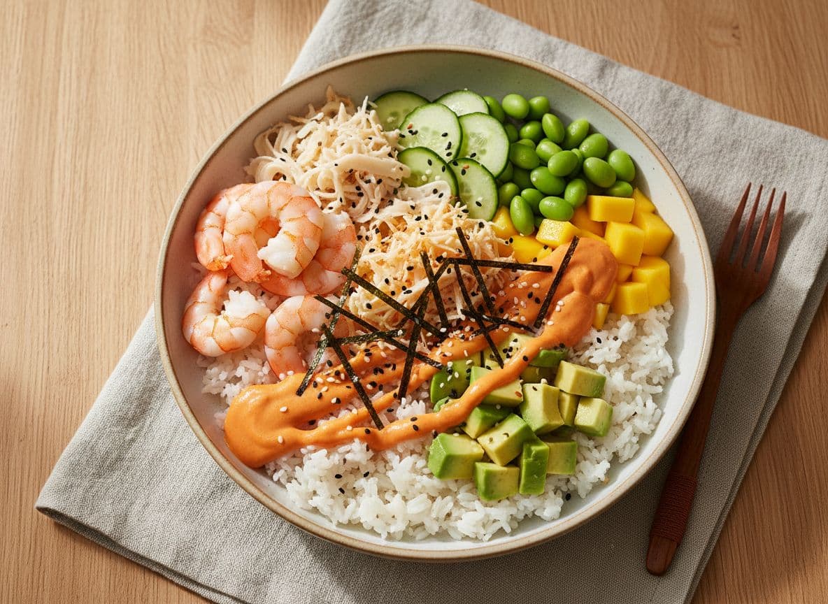 California Roll in a Bowl with Prawns and Carrot Ginger Dressing