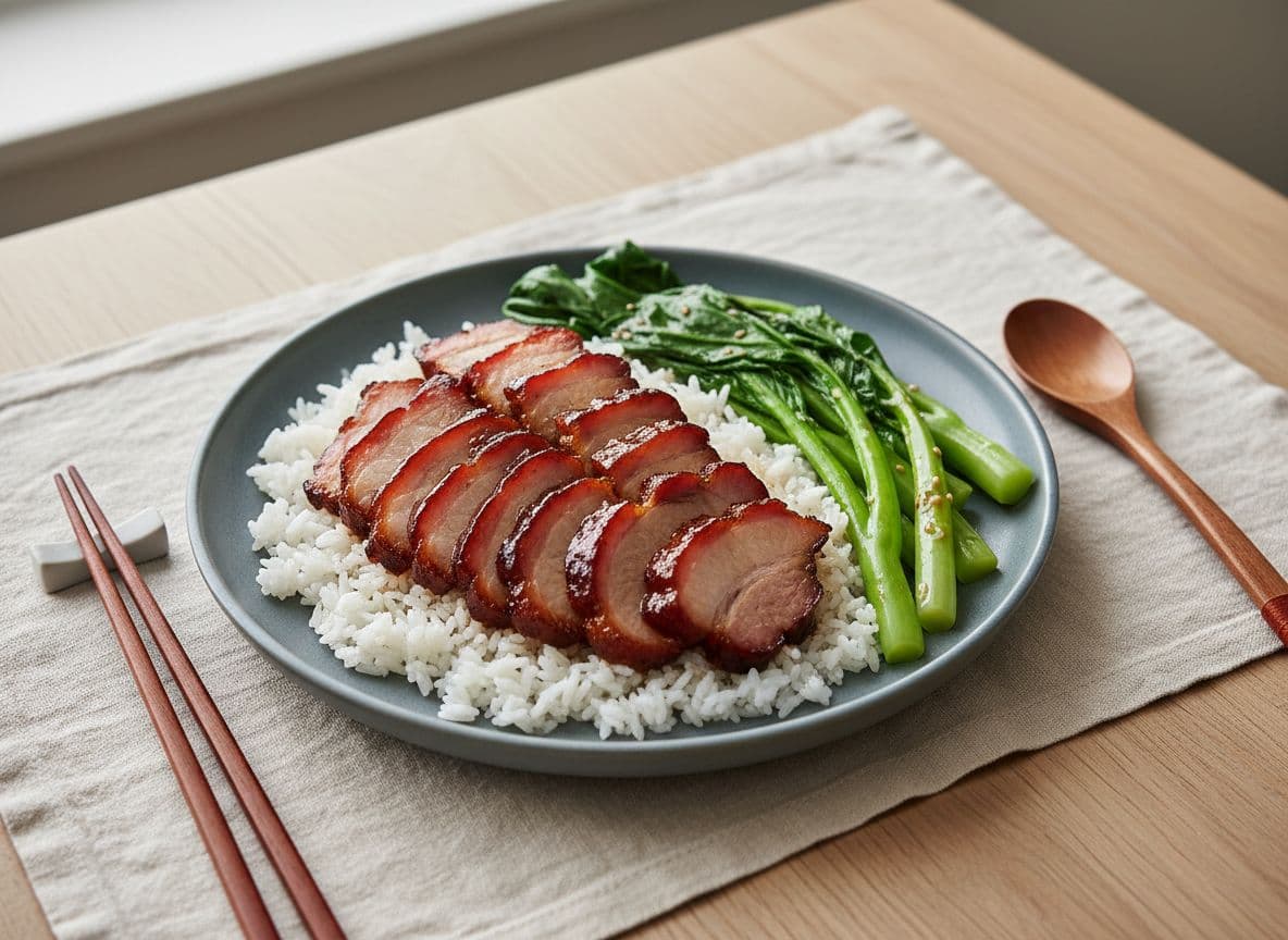 Char Siu Pork with Rice and Blanched Greens