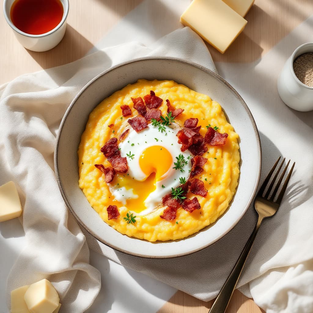 Cheesy Grits with Bacon & Fried Egg