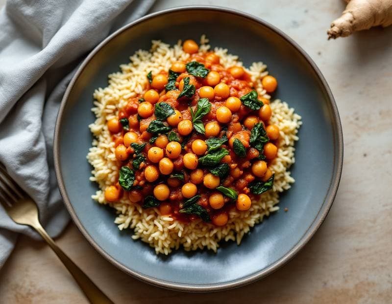 Chickpea and spinach curry with fluffy basmati