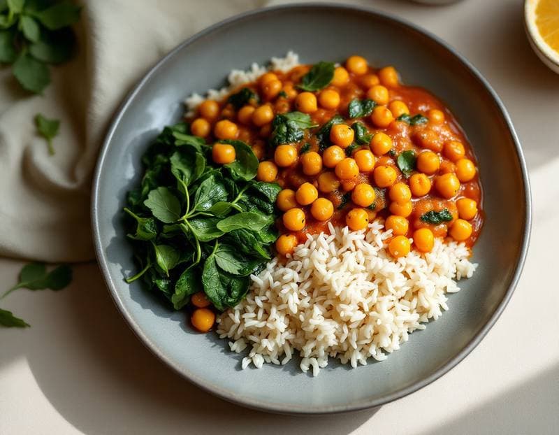 Chickpea and spinach curry with fluffy rice
