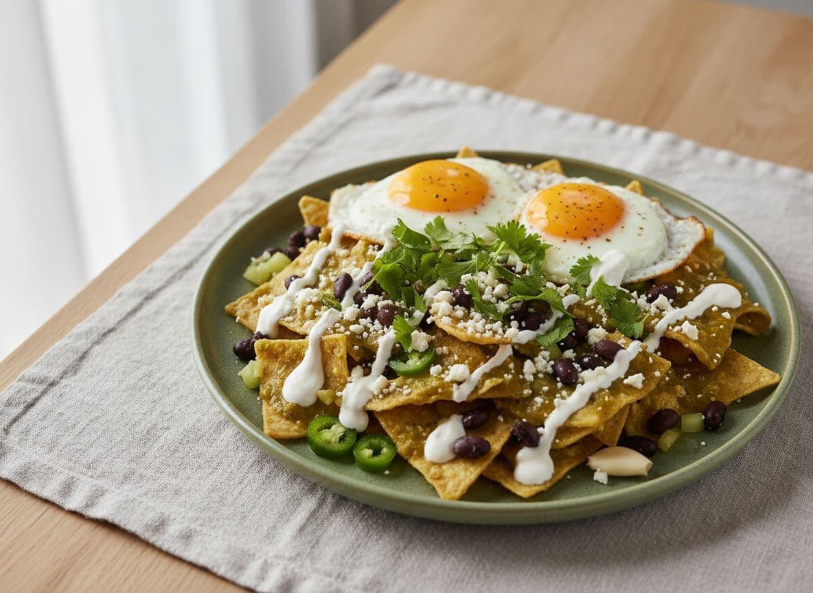 Chilaquiles Verdes with Fried Eggs, Crema & Coriander