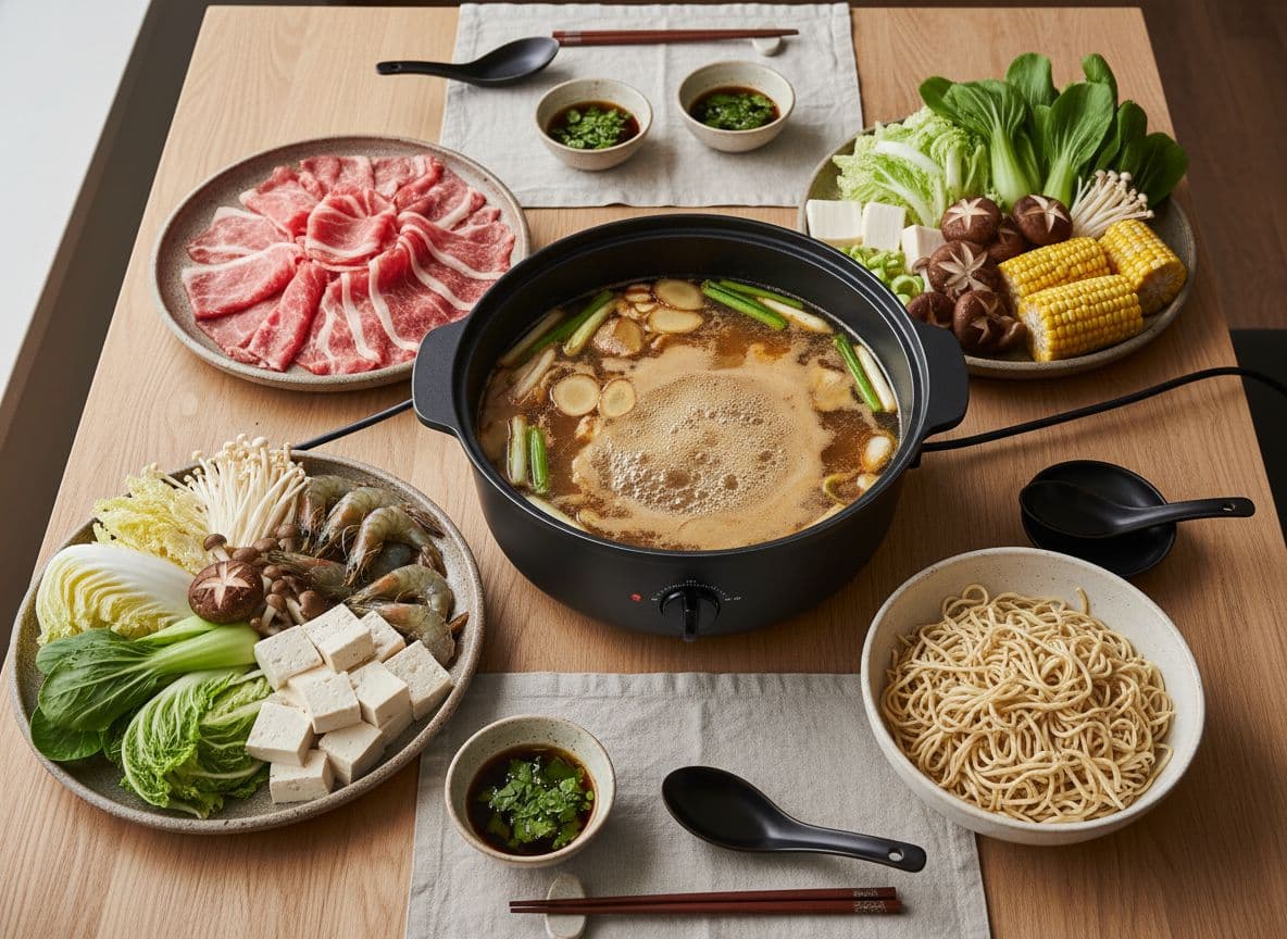 Chinese hot pot feast with prawns, beef and slippery noodles