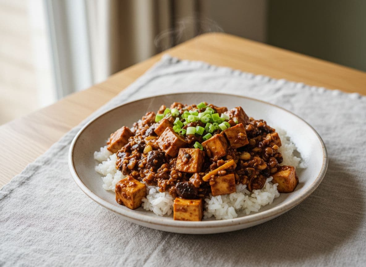 Chinese mapo-style tofu with sticky rice