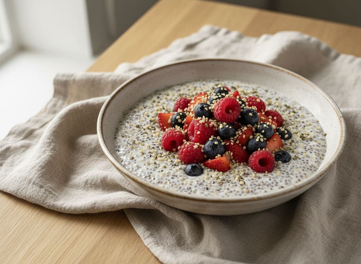 Coconut Chia Pudding with Berries and Hemp Seeds
