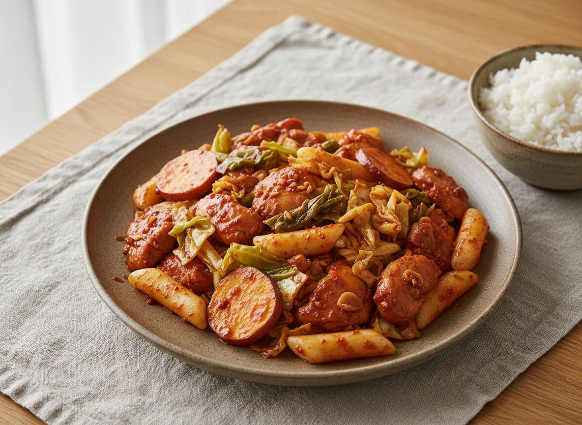 Dakgalbi (Spicy Stir-Fried Chicken with Cabbage and Rice Cakes)