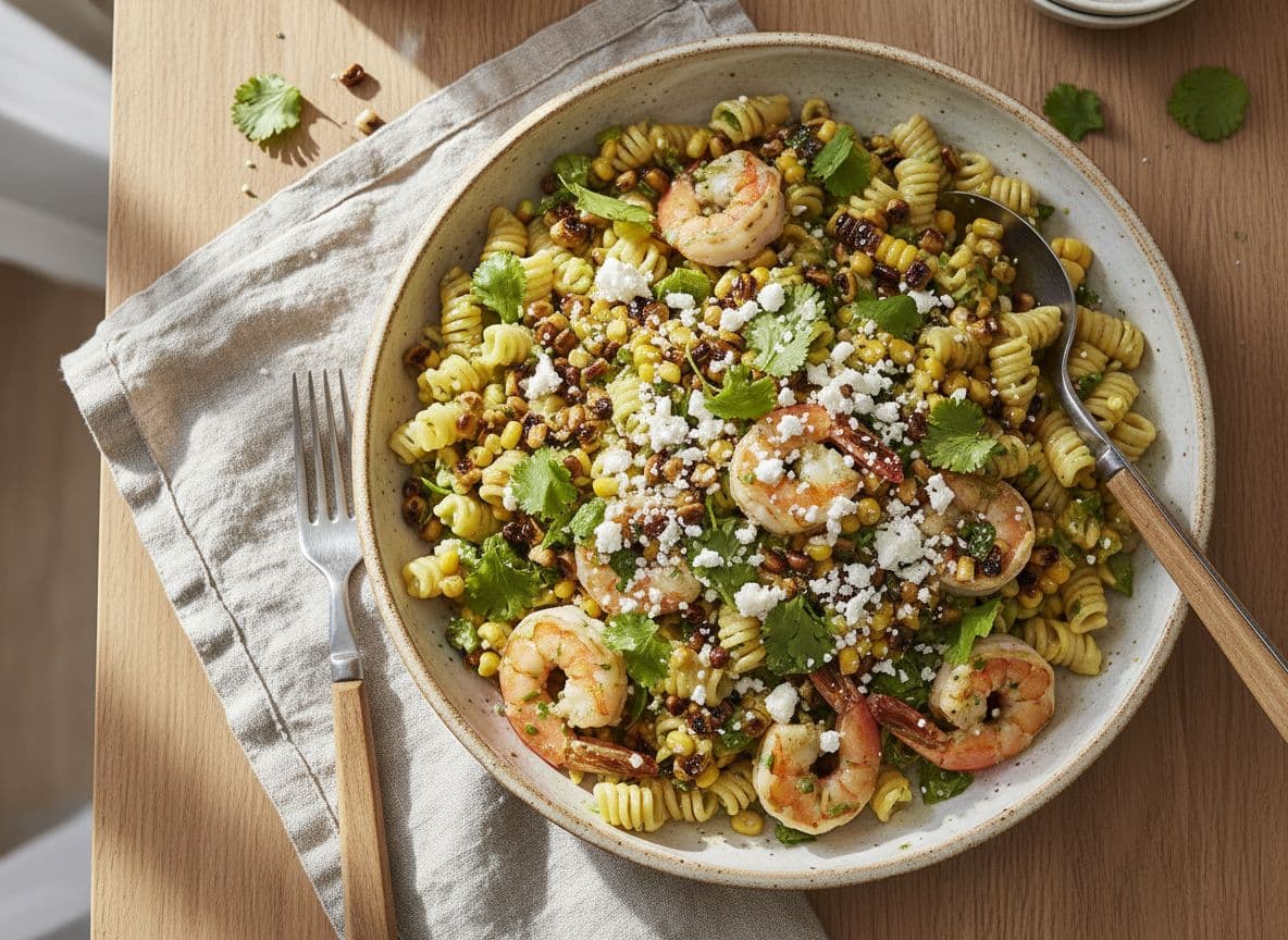 Elote Pasta Salad with Charred Corn and Prawns