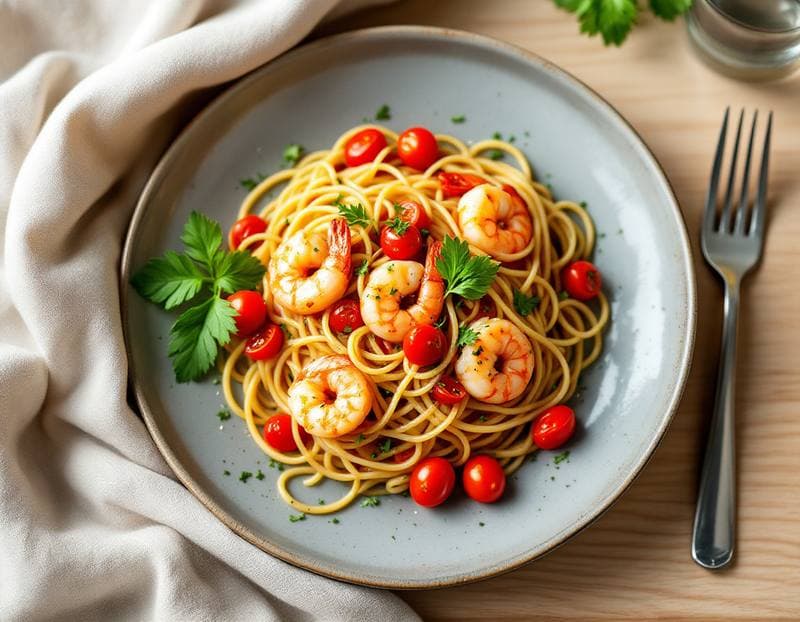 Garlic prawn and cherry tomato spaghetti