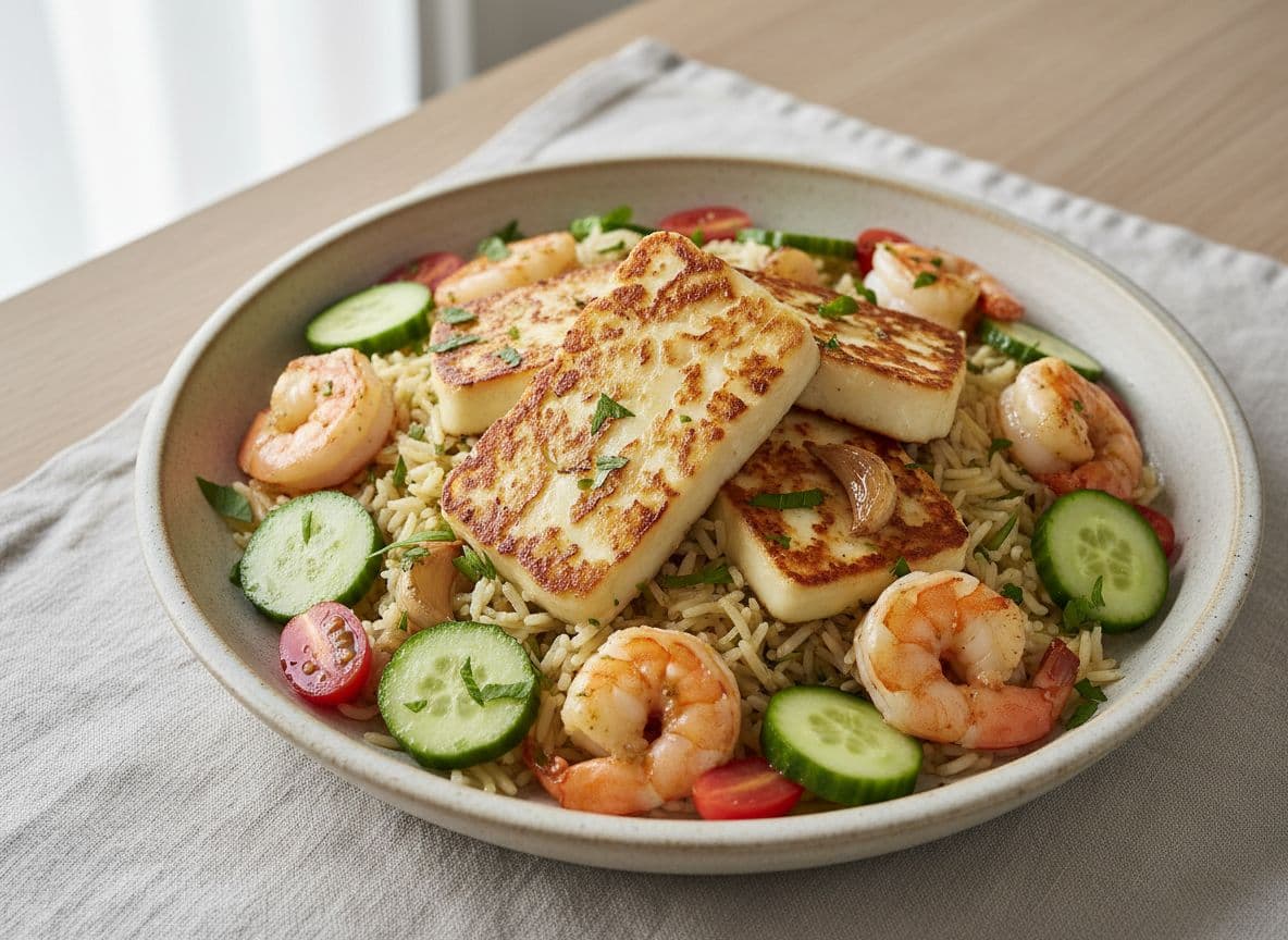 Garlic prawn and haloumi rice bowls