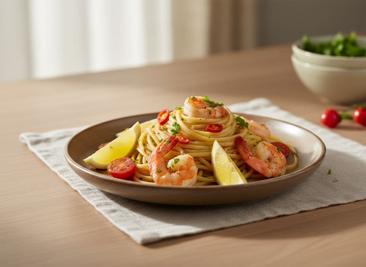 Garlic prawn linguine with lemon and chilli