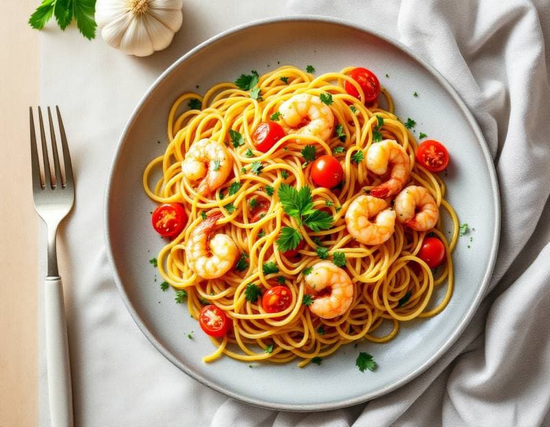 Garlic prawn spaghetti with cherry tomatoes