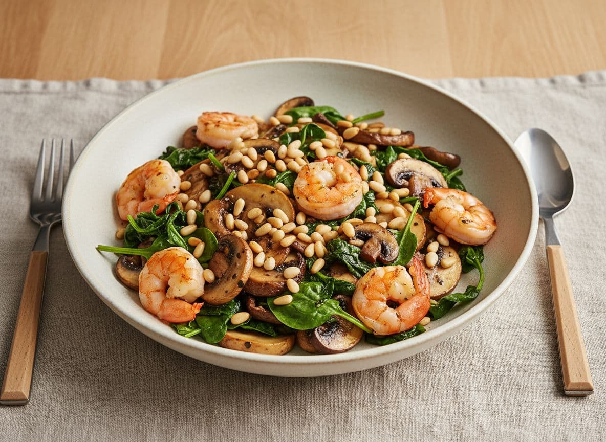 Garlicky Mushrooms and Greens with Prawns and Pine Nuts