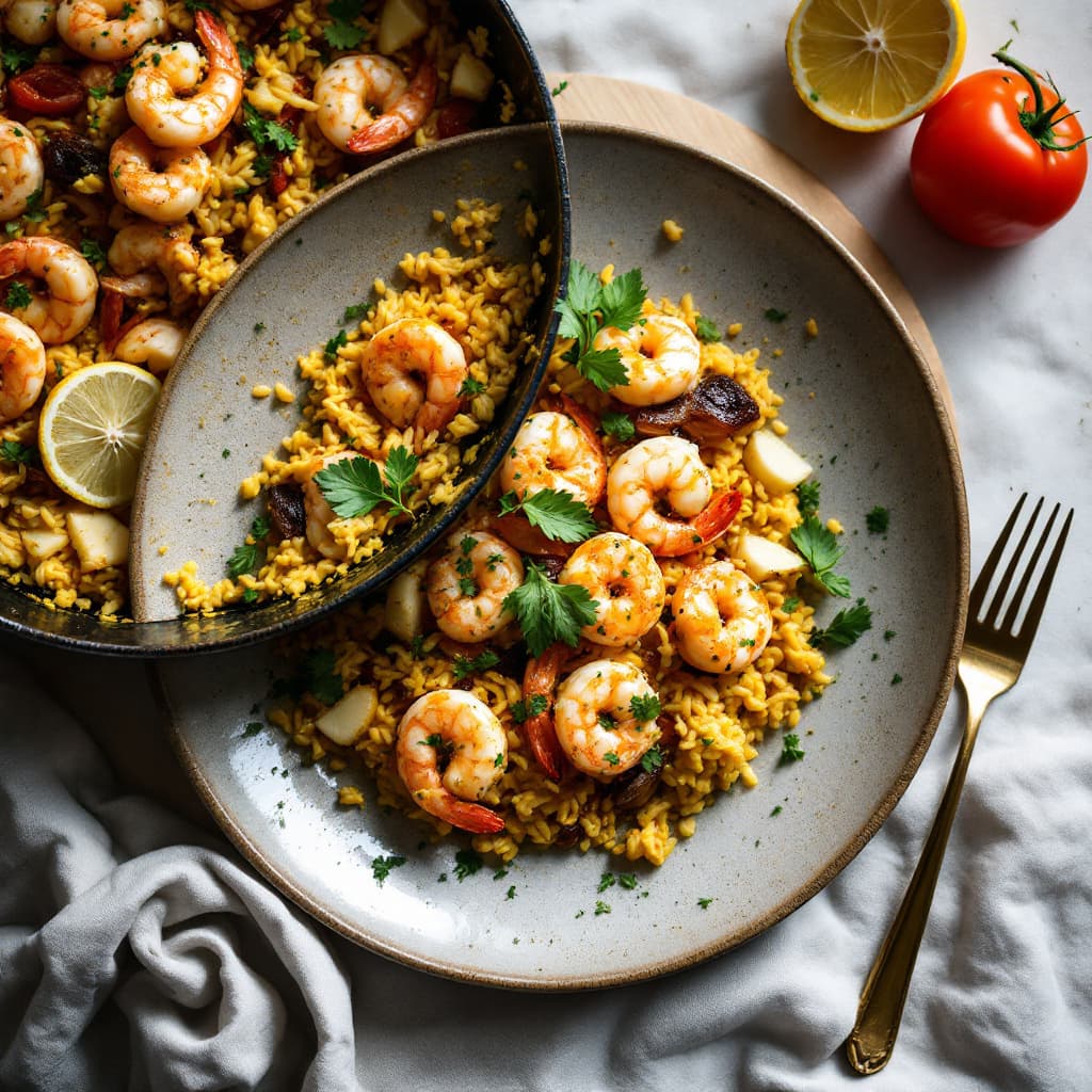 Garlicky lemon prawn and haloumi paella night