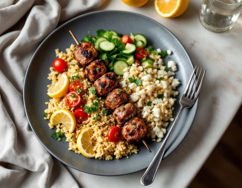 Greek lamb souvlaki with lemon rice and salad