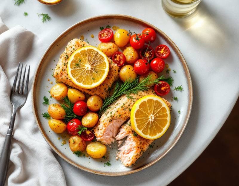 Herb-crusted salmon with roast potatoes and lemon