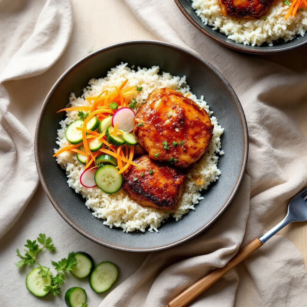 Honey-garlic chicken thigh rice bowls with quick pickled veg