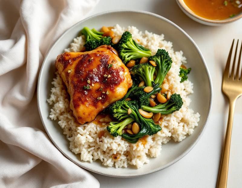 Honey-garlic chicken with fluffy rice and greens