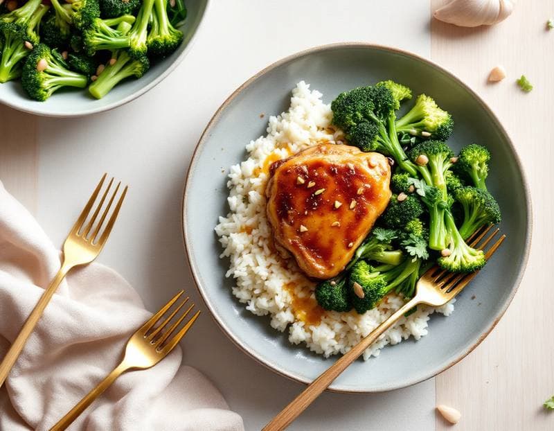 Honey-garlic chicken with steamed rice and greens
