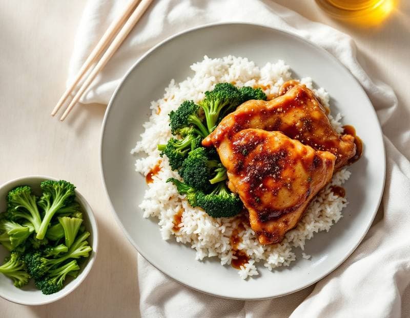 Honey-soy chicken with steamed rice and greens