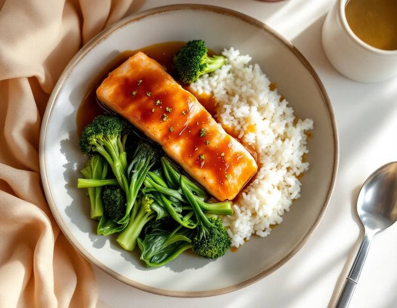 Honey-soy salmon with steamed rice and greens