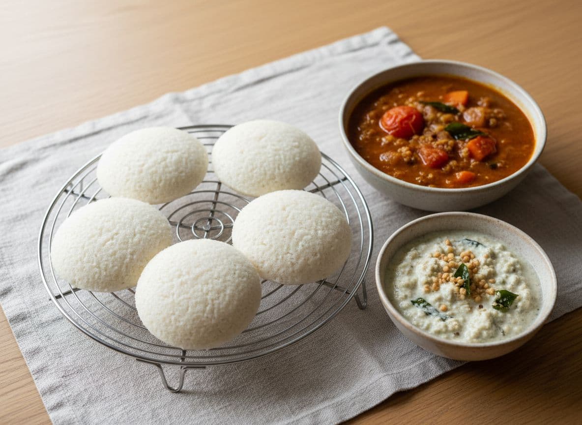 Idli with Sambar and Coconut Chutney
