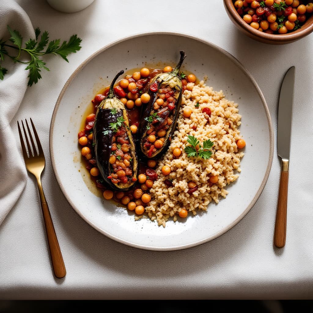 Imam Bayildi with Chickpeas and Bulgur