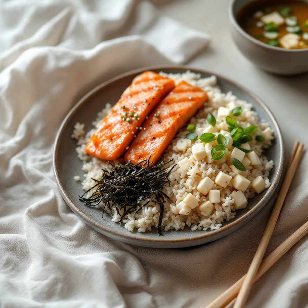 Japanese Breakfast: Grilled Salmon, Rice & Miso Soup