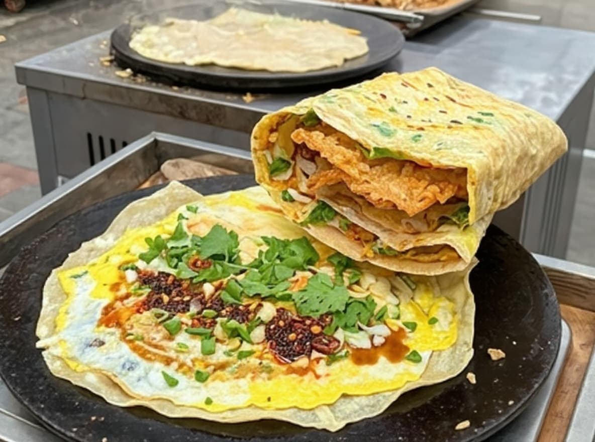 Jianbing (Chinese Egg Crepes with Hoisin and Crisp Wonton)