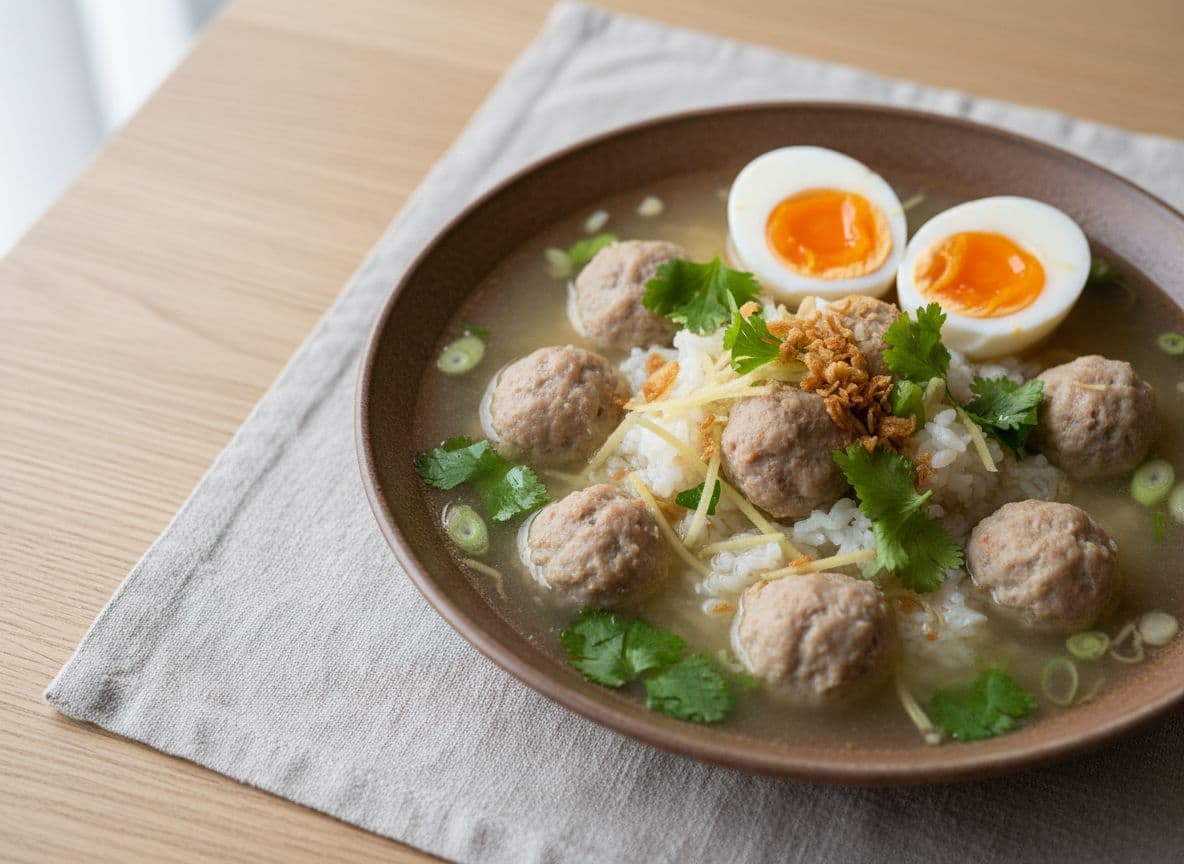 Khao Tom Moo (Thai Rice Soup with Pork Meatballs)