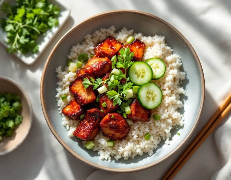 Korean BBQ pork belly bowls with steamed rice