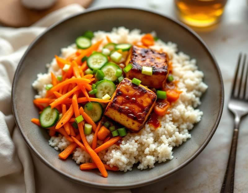Korean-style tofu rice bowl with quick-pickled veg