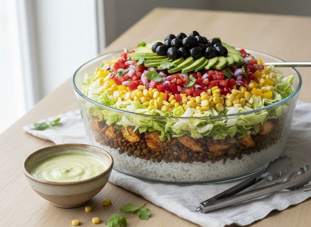 Layered Mexican Salad with Chicken and Taco Lentils