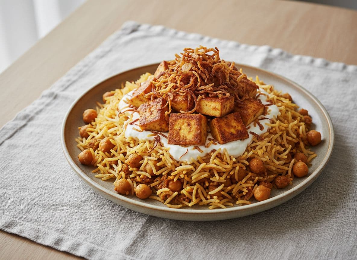 Layered Vegetable Biryani with Paneer, Saffron and Crispy Onions