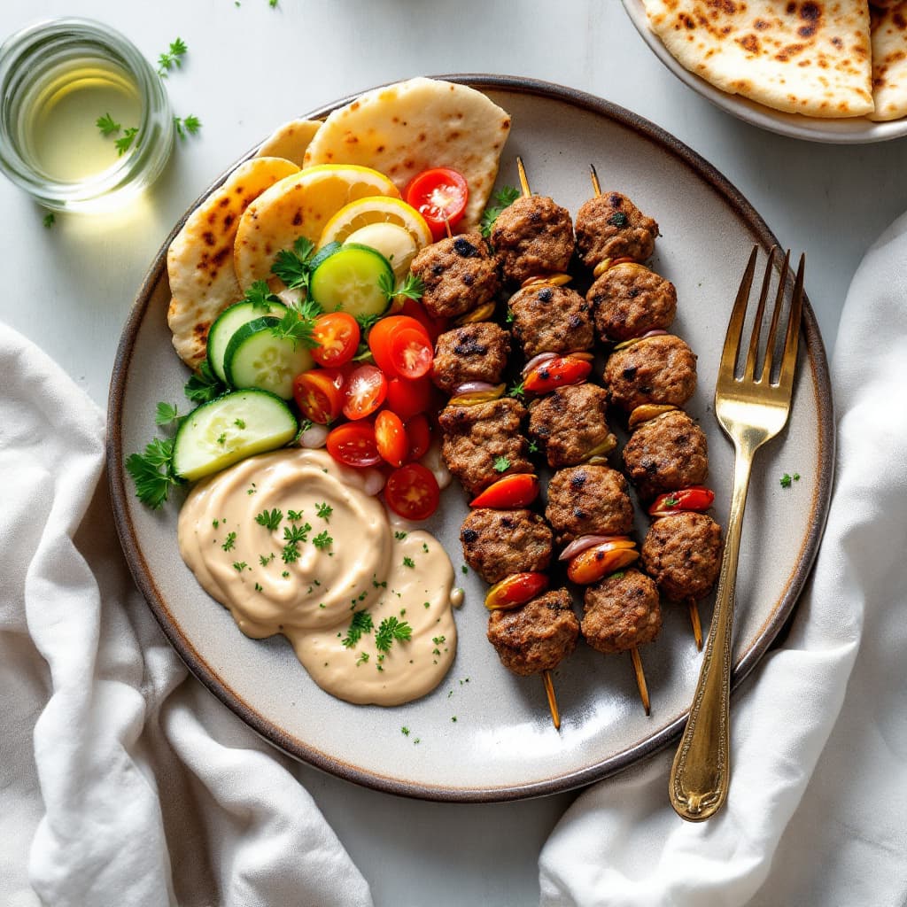 Lebanese Kafta Skewers with Tahini Sauce and Tomato Salad