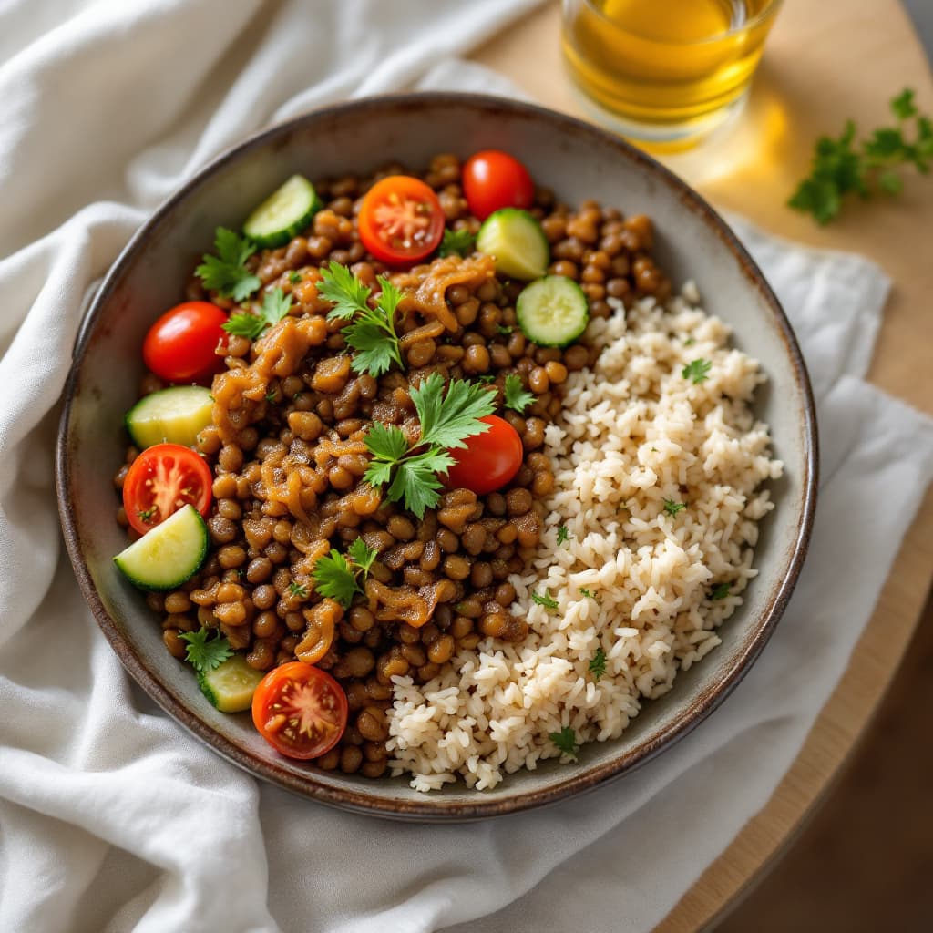 Lebanese Mujadara with Caramelised Onions and Herb Salad