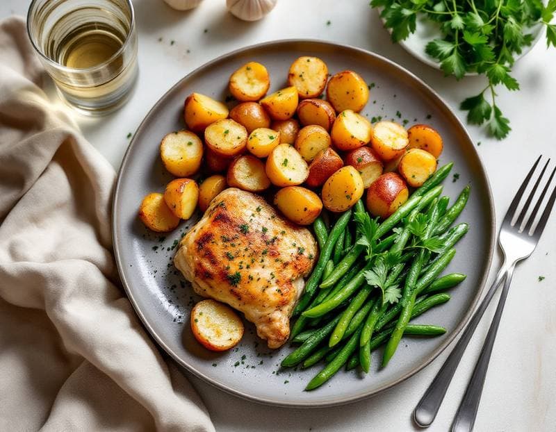 Lemon-garlic chicken with herby roast potatoes