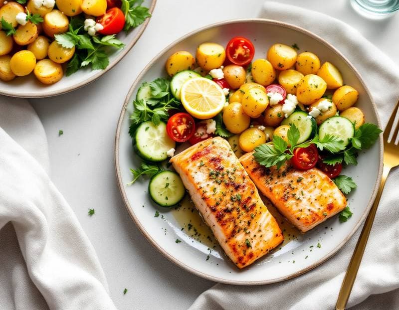 Lemon-garlic salmon with roast potatoes and salad