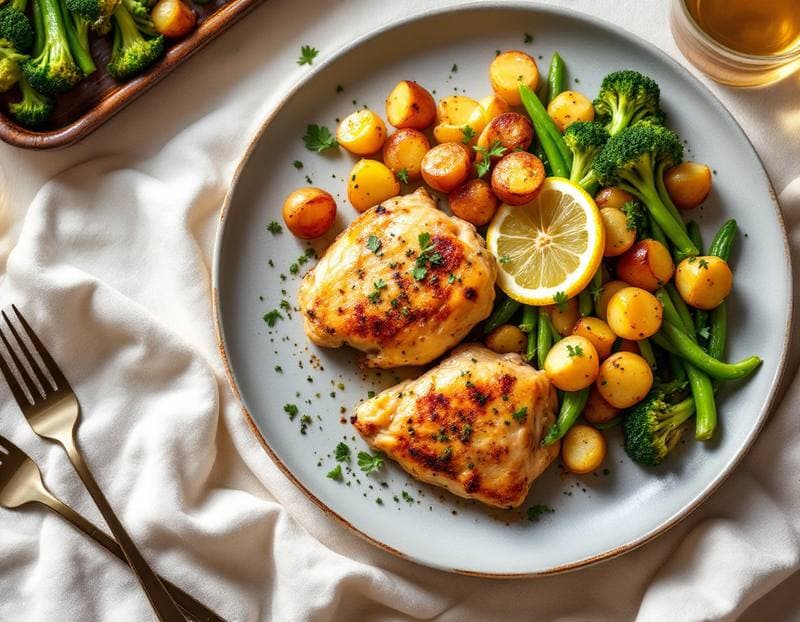Lemon-herb roast chicken with crispy potatoes and greens