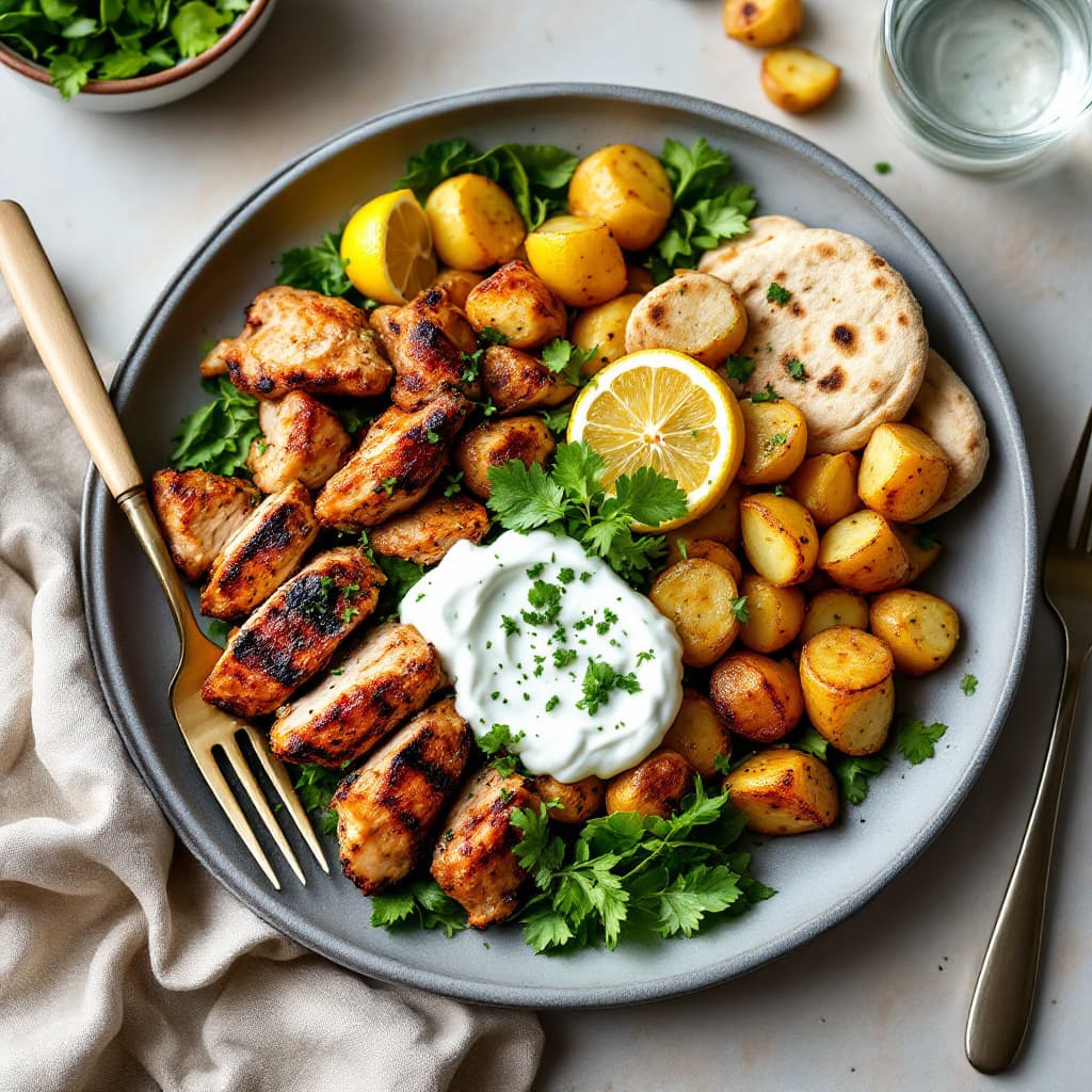Loaded BBQ chicken souvlaki bowls with lemon potatoes