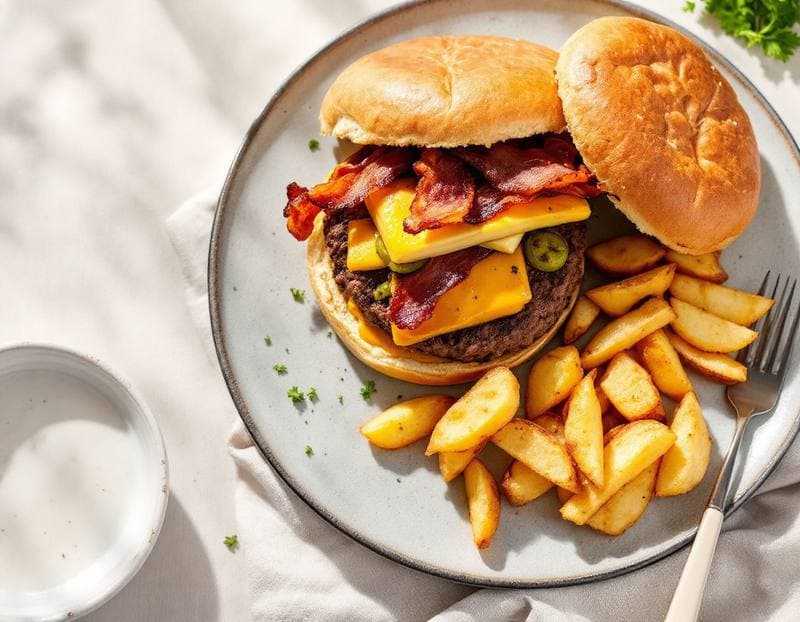 Loaded beef and haloumi burgers with oven chips