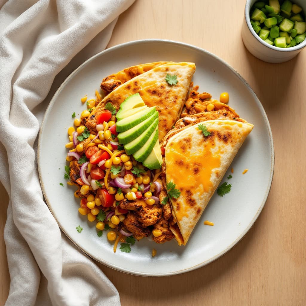Loaded chicken and cheese quesadilla night with charred corn salsa
