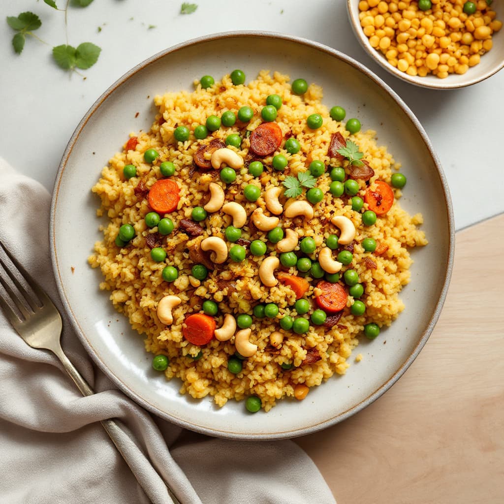 Masala Semolina Upma with Peas, Cashews and Soy