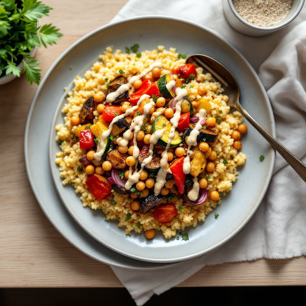 Middle Eastern loaded couscous with roasted veg and tahini