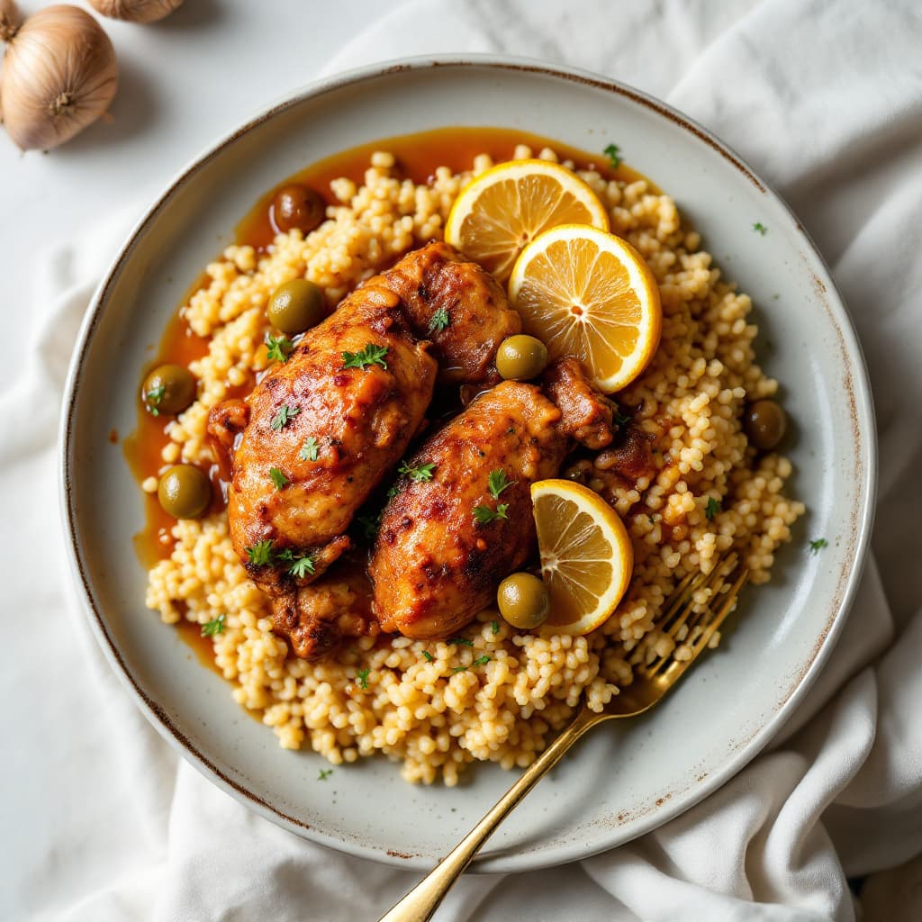 Moroccan Chicken Tagine with Preserved Lemon, Green Olives & Couscous
